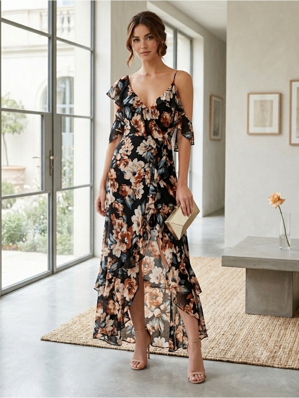 Nicholas Black Floral Silk Ruffle Asymmetric Cold Shoulder Maxi Dress - US 0 /XS